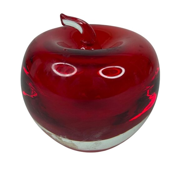 Handcrafted Red Glass Apple Paperweight With Clear Stem Decor - Picture 4 of 6